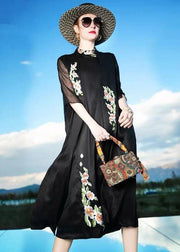 Women Black Embroideried Patchwork Silk Cardigans Summer