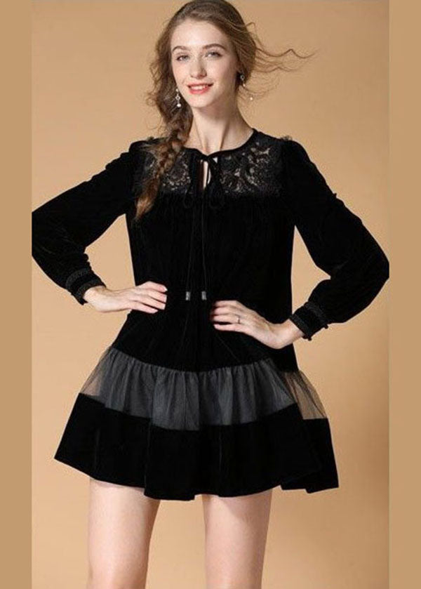 Women Black Embroideried Patchwork Velour Mini Dress Spring