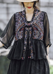 Women Black Ethnic Style Embroideried Ruffled Linen Silk Blouse Tops Summer