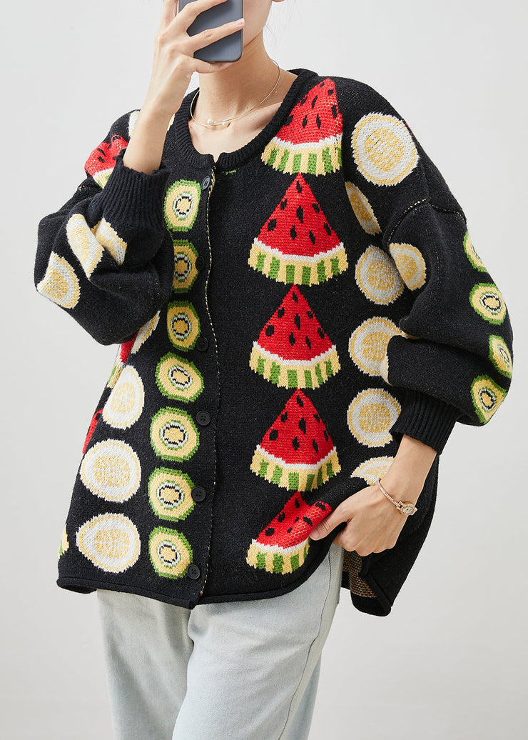 Women Black Fruit Print Oversized Knit Cardigans Winter