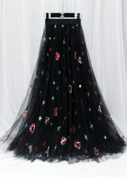 Women Black Hearts Embroideried Floral Sequins Tulle Long Skirt Spring