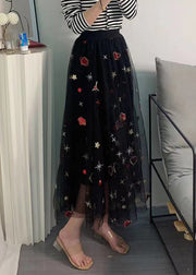 Women Black Hearts Embroideried Floral Sequins Tulle Long Skirt Spring