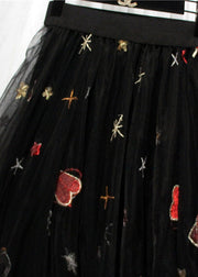 Women Black Hearts Embroideried Floral Sequins Tulle Long Skirt Spring