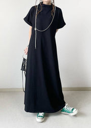 Women Black Hign Neck Patchwork Cotton Ankle Dress Batwing Sleeve