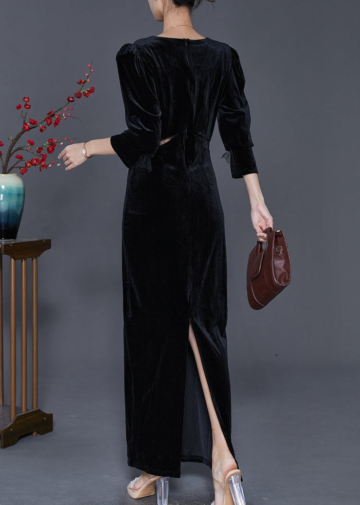 Women Black Hollow Out Silm Fit Silk Velour Long Dresses Fall