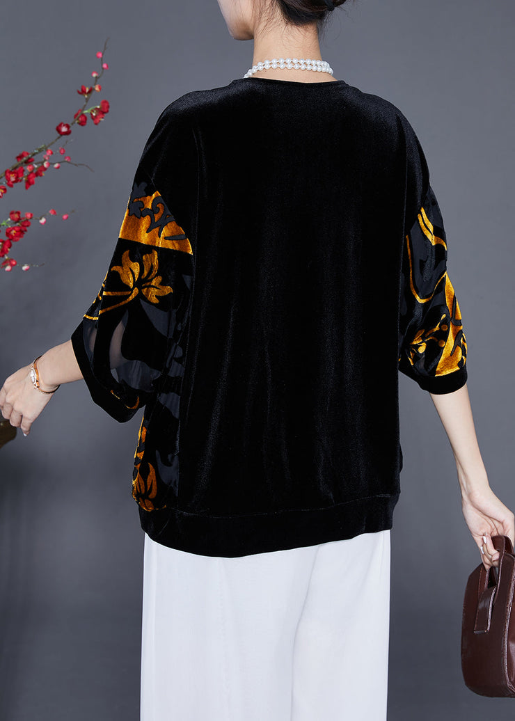 Women Black Hollow Out Zircon Silk Velour Shirt Top Half Sleeve