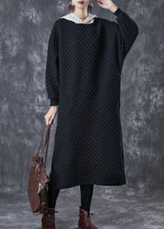 Women Black Hooded Patchwork Fine Cotton Filled Dress Winter