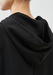 Women Black Hooded Zippered Cotton Sweatshirts Dress Spring