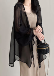 Women Black Lace Up Thin Chiffon Cardigan Spring