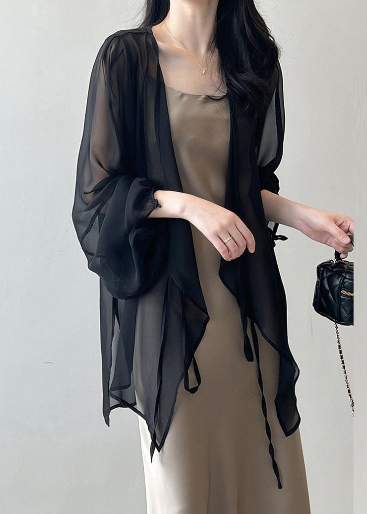 Women Black Lace Up Thin Chiffon Cardigan Spring