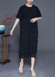 Women Black Layered Ruffles Wrinkled Chiffon Long Dress Summer