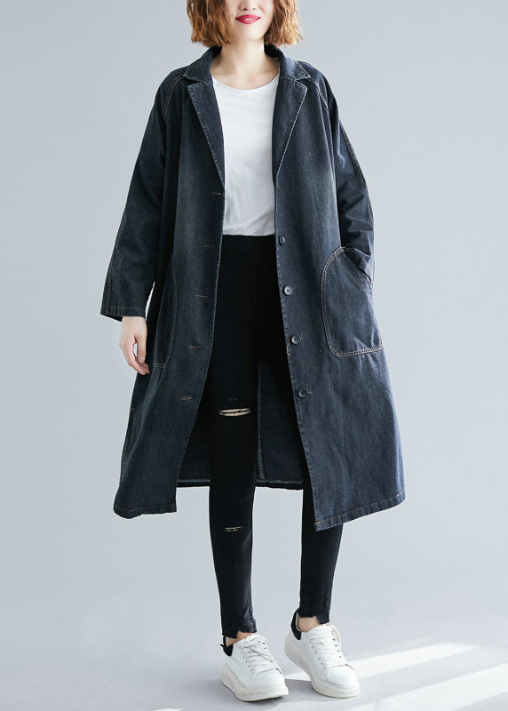 Women Black Notched Pockets Denim Trench Fall