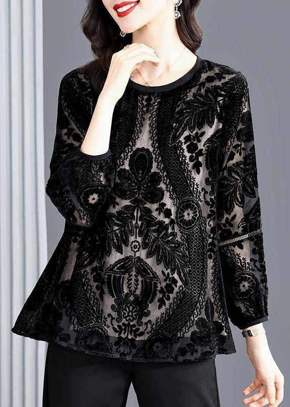 Women Black O-Neck Hollow Out Patchwork Silk Velour Top Fall