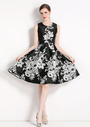 Women Black O Neck Jacquard Patchwork Chiffon Mid Dress Sleeveless