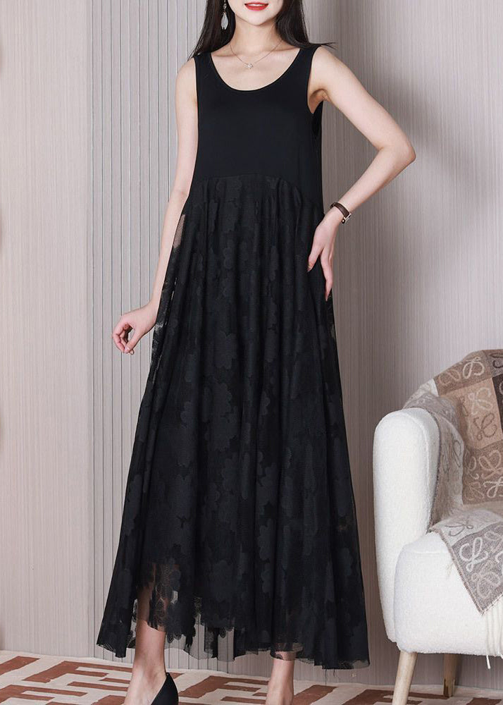 Women Black O Neck Patchwork Cotton Dresses Sleeveless