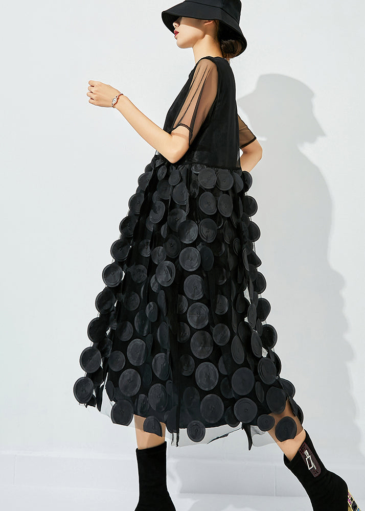 Women Black O-Neck Patchwork Dot Tulle Holiday Dress Summer