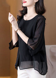 Women Black O Neck Patchwork Silk Tops Summer