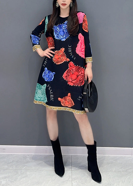 Women Black O Neck Print Cotton Mid Dress Spring