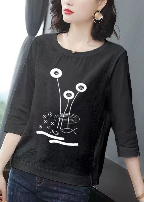 Women Black O Neck Print Patchwork Cotton T Shirt Bracelet Sleeve