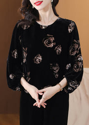 Women Black O Neck Print Velour Tops Lantern Sleeve