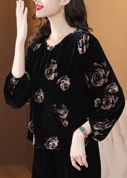 Women Black O Neck Print Velour Tops Lantern Sleeve