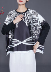 Women Black Oversized Patchwork Print Satin Tops Summer