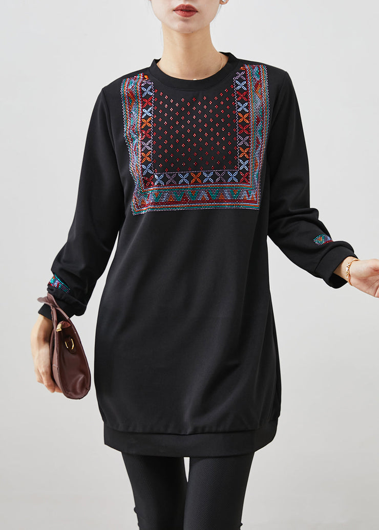 Women Black Oversized Zircon Cotton Sweatshirts Dress Fall