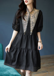 Women Black Patchwork Cotton Mid Dress Puff Sleeve