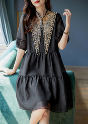 Women Black Patchwork Cotton Mid Dress Puff Sleeve