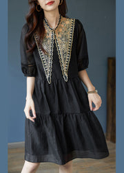 Women Black Patchwork Cotton Mid Dress Puff Sleeve