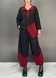 Women Black Patchwork Tops And Pants Cotton Two Pieces Set Fall