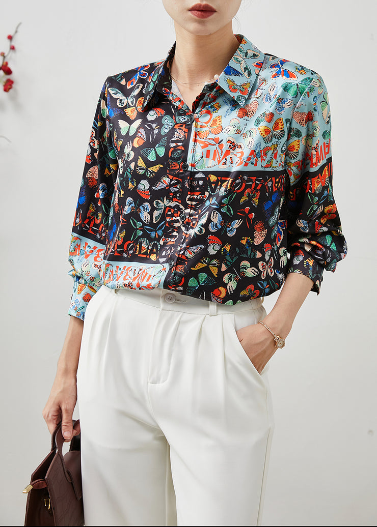 Women Black Peter Pan Collar Butterfly Silk Shirts Summer