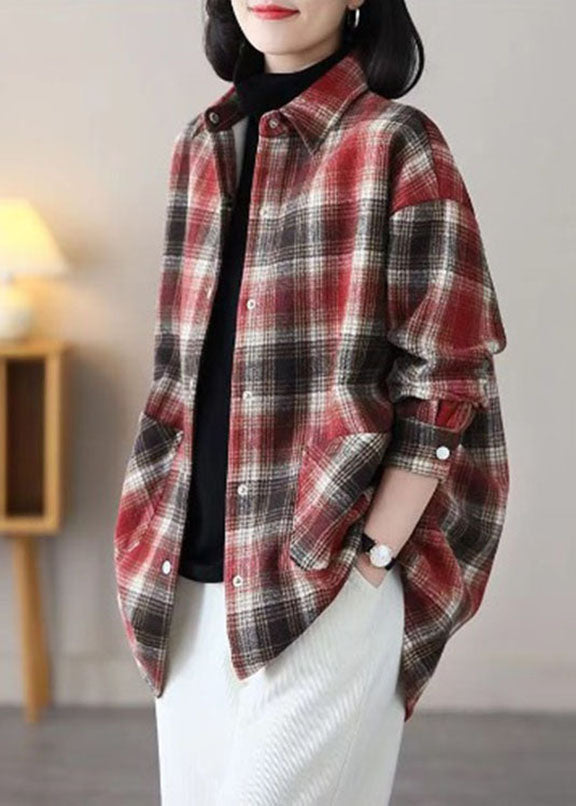 Women Black Peter Pan Collar Plaid Pockets Patchwork Warm Fleece Thick Shirts Winter