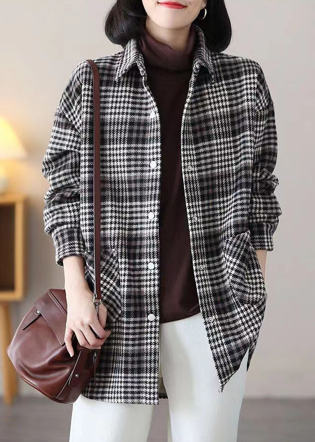 Women Black Peter Pan Collar Plaid Pockets Patchwork Warm Fleece Thick Shirts Winter