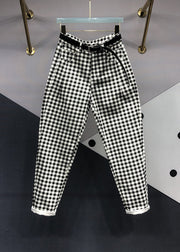 Women Black Plaid Pockets Patchwork Denim Pants Fall