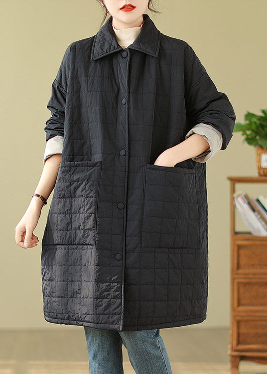 Women Black Pockets Button Patchwork Fine Cotton Filled Coat Winter