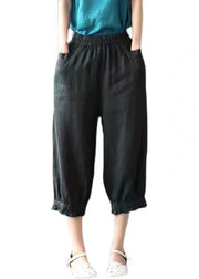 Women Black Pockets Elastic Waist Linen Crop Pants Summer