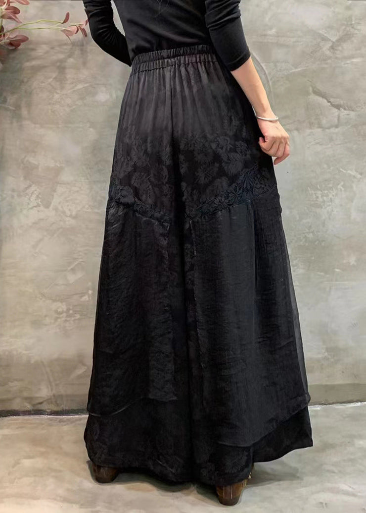 Women Black Pockets Elastic Waist Silk Linen Wide Leg Pants Spring