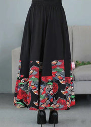 Women Black Print Elastic Waist Patchwork Cotton Skirts Fall