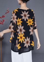 Women Black Print Patchwork Chiffon Fake Two Piece Shirt Tops Summer