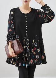 Women Black Print Patchwork Cotton Mini Dress Fall