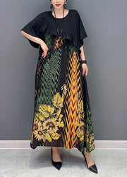 Women Black Print Patchwork Ruffled Silk Dress Summer