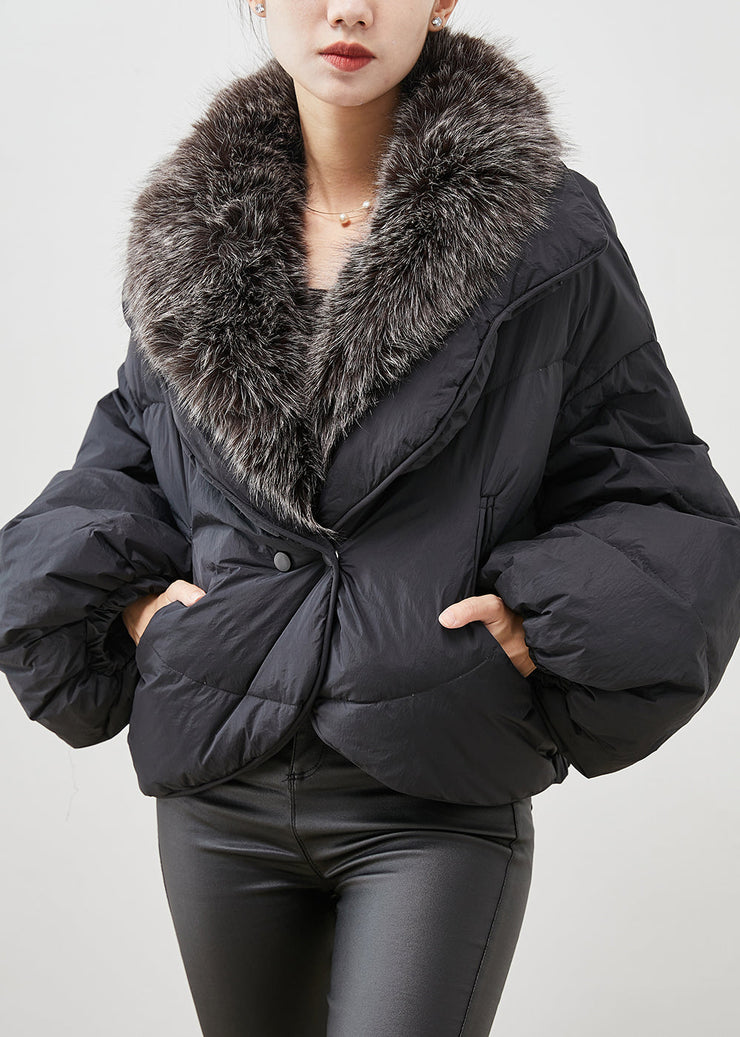 Women Black Rabbit Hair Collar Warm Duck Down Puffer Jacket Winter