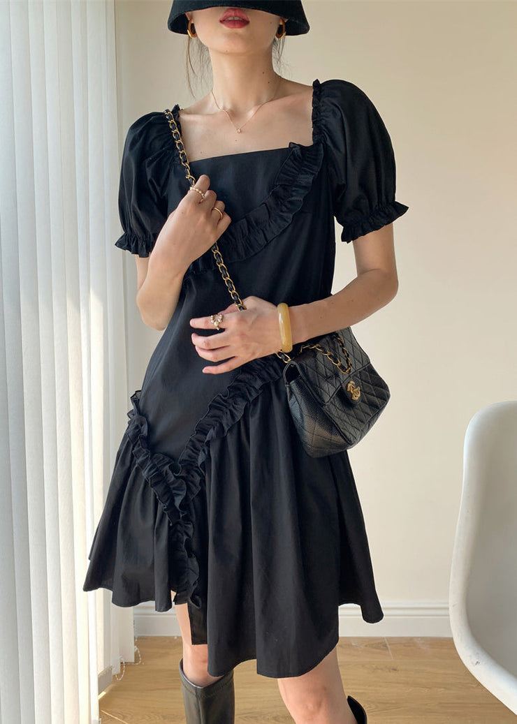 Women Black Ruffled Asymmetrical Patchwork Cotton Dresses Puff Sleeve