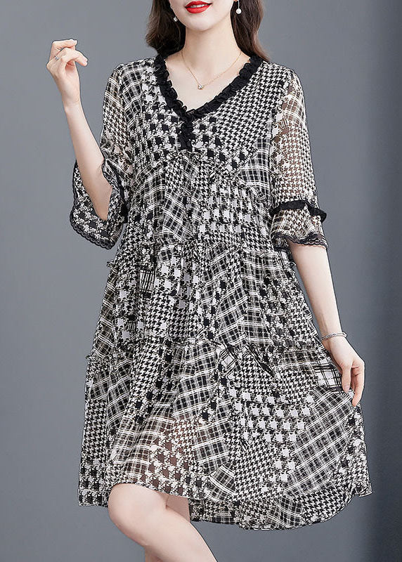 Women Black Ruffled Patchwork Print Exra Large Hem Chiffon Dresses Half Sleeve