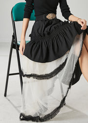 Women Black Ruffled Patchwork Tulle Cotton Skirt Spring