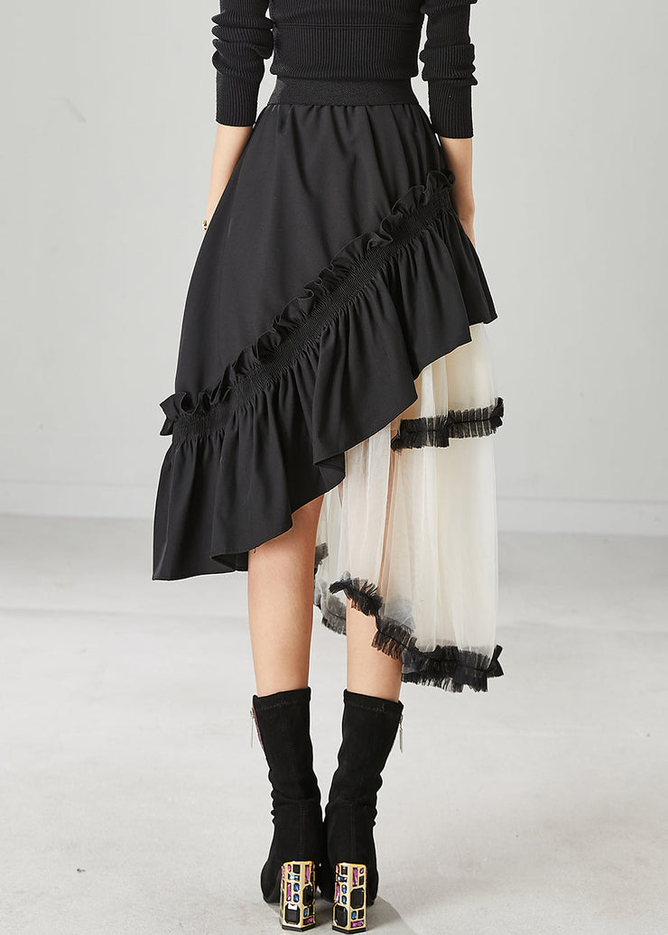 Women Black Ruffled Patchwork Tulle Cotton Skirt Spring