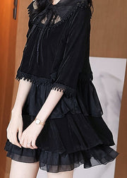 Women Black Ruffled Tasseled Patchwork Velour Mid Dress Fall