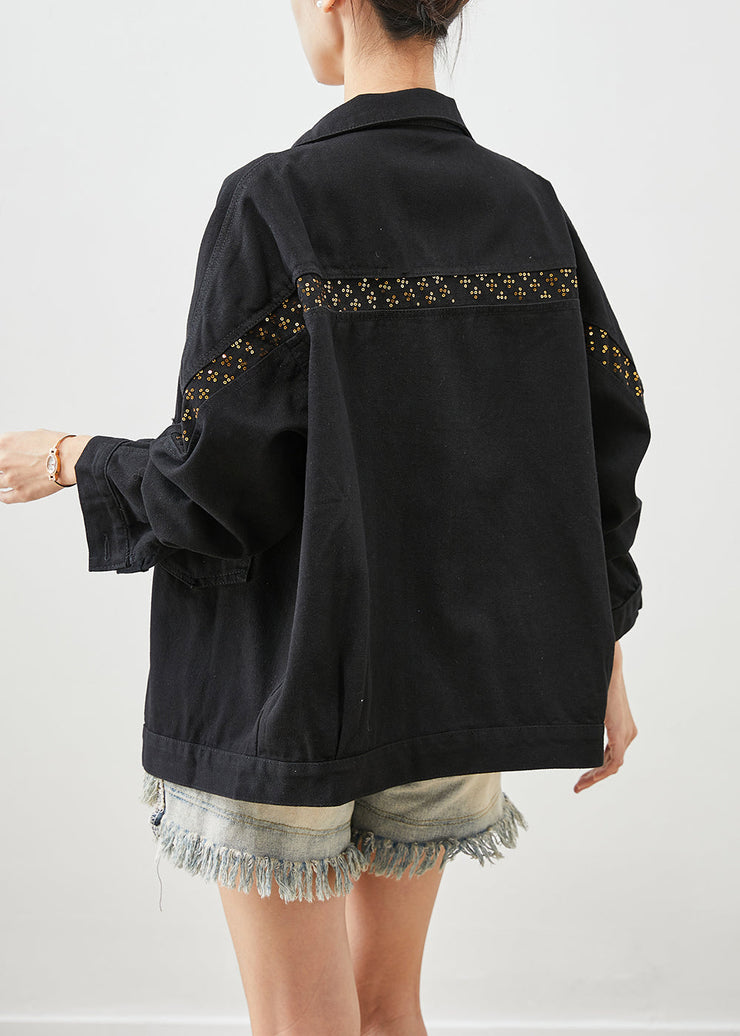 Women Black Sequins Patchwork Denim Coats Fall