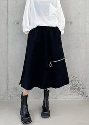 Women Black Side Open High Waist Patchwork Cotton A Line Skirts Fall